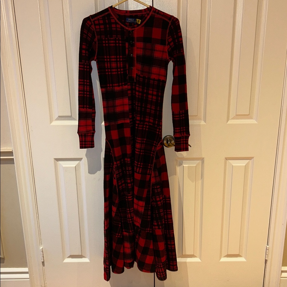 Polo Ralph Lauren Plaid Motif Cotton Henley Dress Red Black - Picture 4 of 11